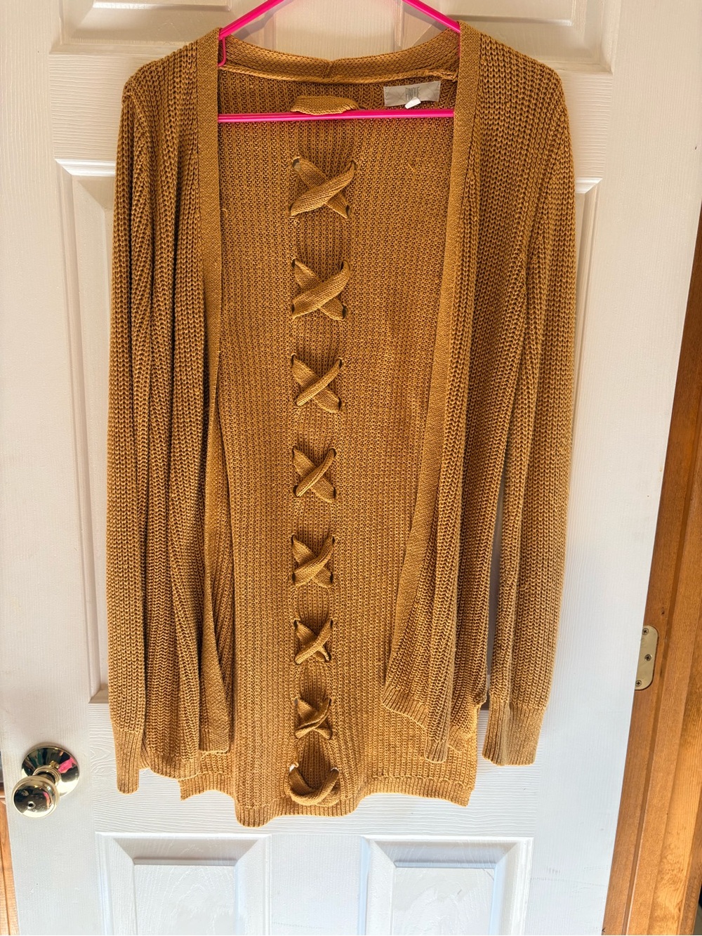 Pinque M Camel Lace-Up Back Open Front Knit Cardigan Boho Western